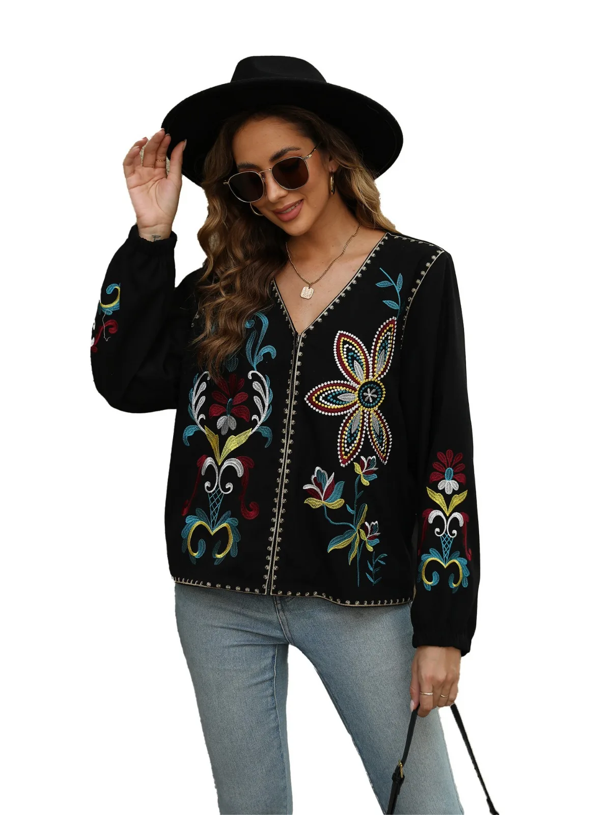 KHALEE YOSE Floral Embroidery Retro Jacket Black Autumn Srping Women Chic Boho Casual Long Sleeve Jackets Coats Streetwear New