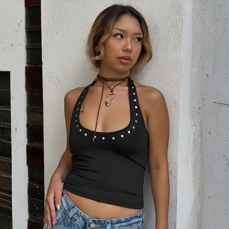 2026 Summer New Women's Street Cool U-Neck Hot Plate Design Hanging Neck Tank Top Solid Color Fashion Backless Tight Short Top