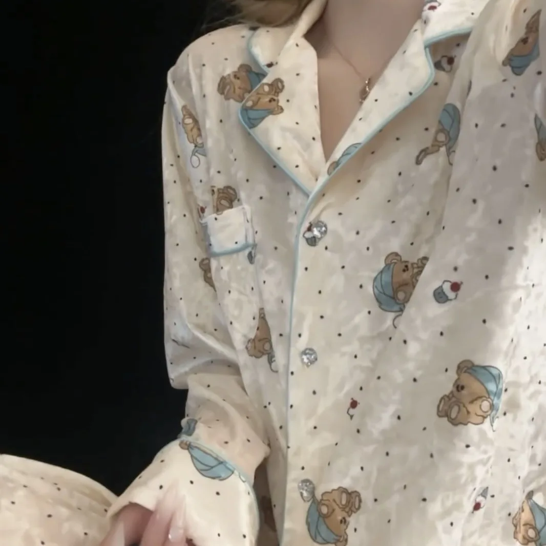 

Kawaii Cartoon Bear Print Sleepwear Velour Shirt Pants Women Autumn Winter Warm Pajamas Suit Soft Casual Pijama Mujer Pjs