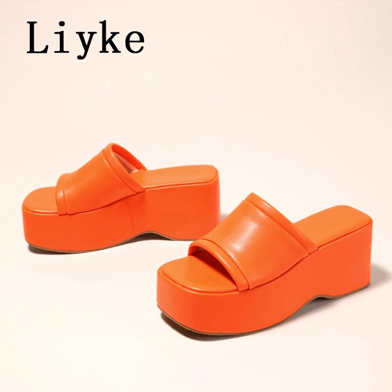 Liyke Punk Open Toe Platform High Heels Beach Slippers Female Summer Orange Green Wedges Shoes For Women Sandals Flip Flops