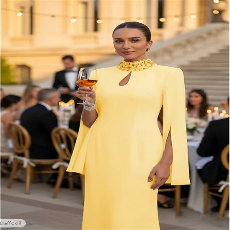 Robe de soirée fourreau/colonne, longueur au sol, avec Cape, robe formelle élégante, Style célébrité, manches longues, col haut, jardin