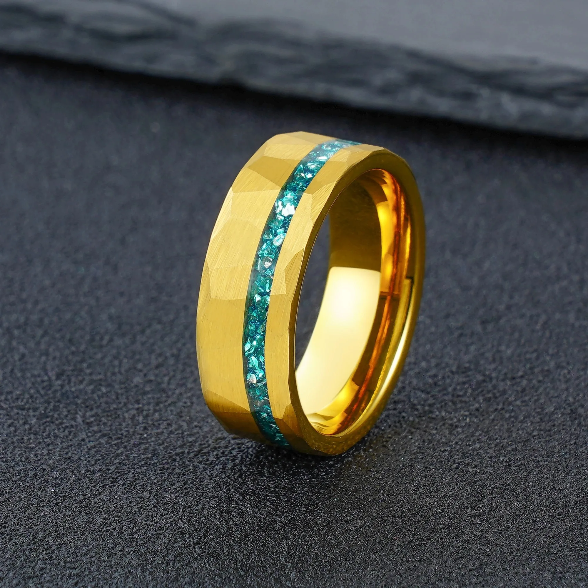 Customized 8mm Width Hammer Tungsten Wedding Ring for Men Women Gold Color Inlay Green-Blue Fragment Opal Comfort Fit Size 7-12