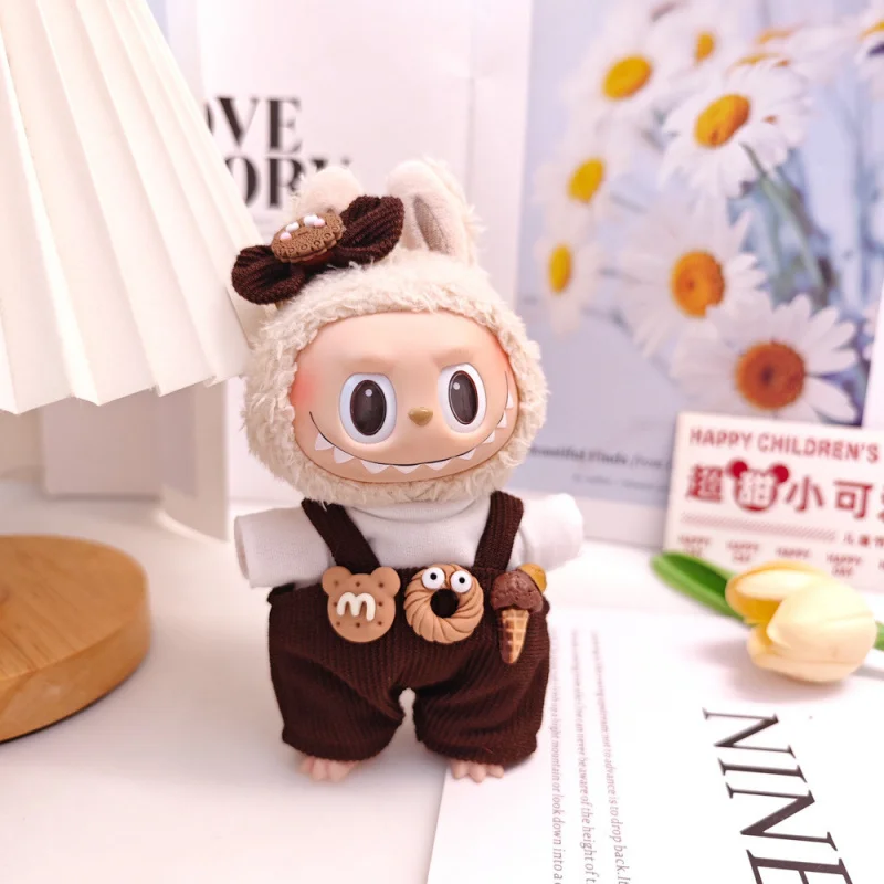 1 セット 17 センチメートル Labubu アイドル人形座っているパーティー甘いチューブオーバーオール服ギフトミニぬいぐるみ人形の服衣装アクセサリー