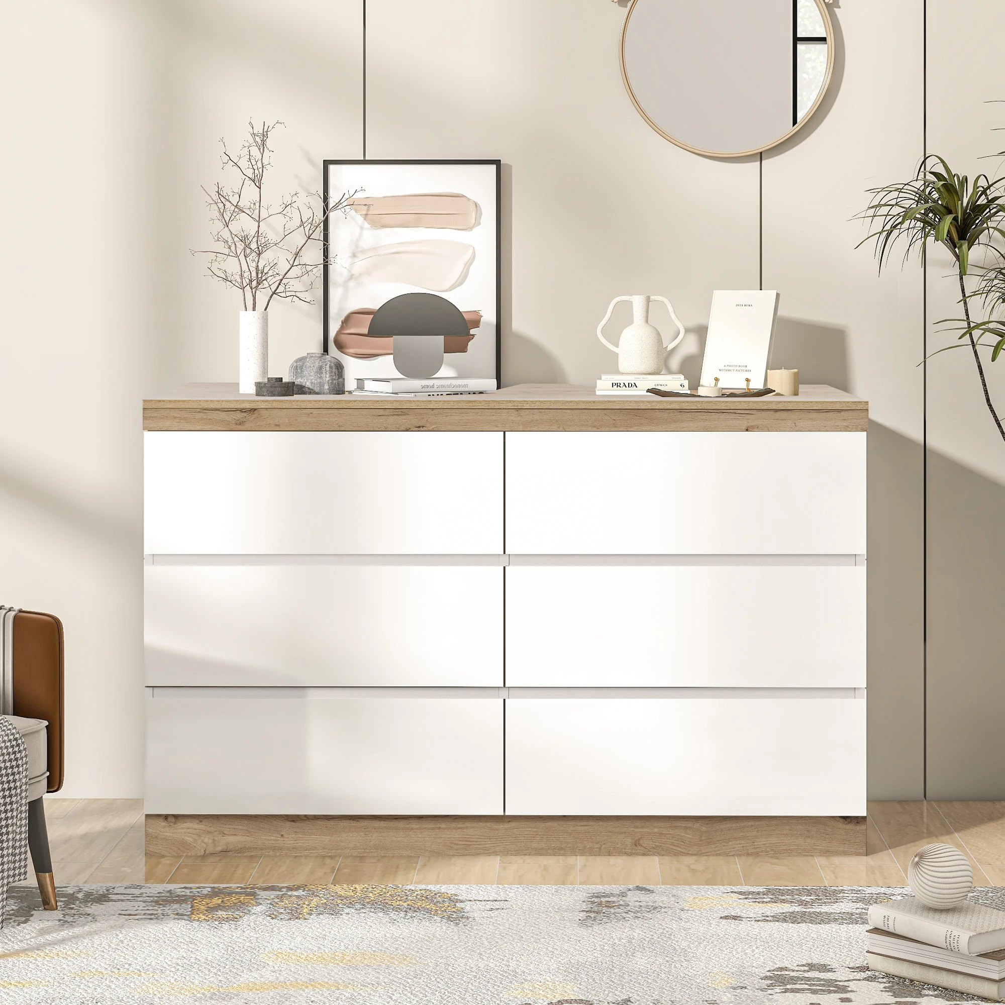 Commode avec 6 tiroirs, casier, fonction rangement, pour chambre et salon, panneaux de particules E1, blanc+chêne
