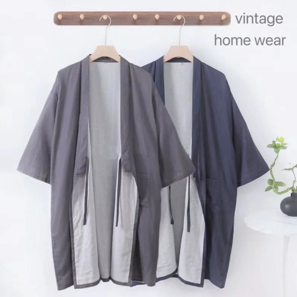 

2024 Summer Men's Pure Cotton Gauze Robe Double-layer Middle Cardigan Bathrobe Japanese Style Solid Color Kimono Pajamas Vintage