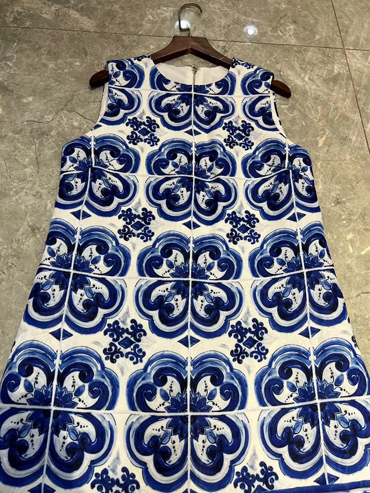 JUNLINNA Fashion Runway Women Dress senza maniche Porcelian Blue Flower Printed Mini Casual High Street Vestidos