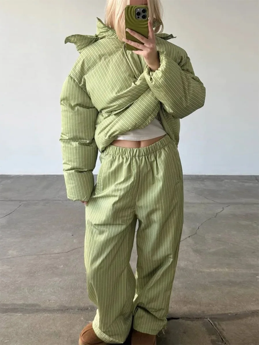 Siren Chic 2026 Winter Striped Polka Dot Print Cotton Coat Loose Oversized Drawstring Waist Warm Puffer Jacket Casual Outerwear