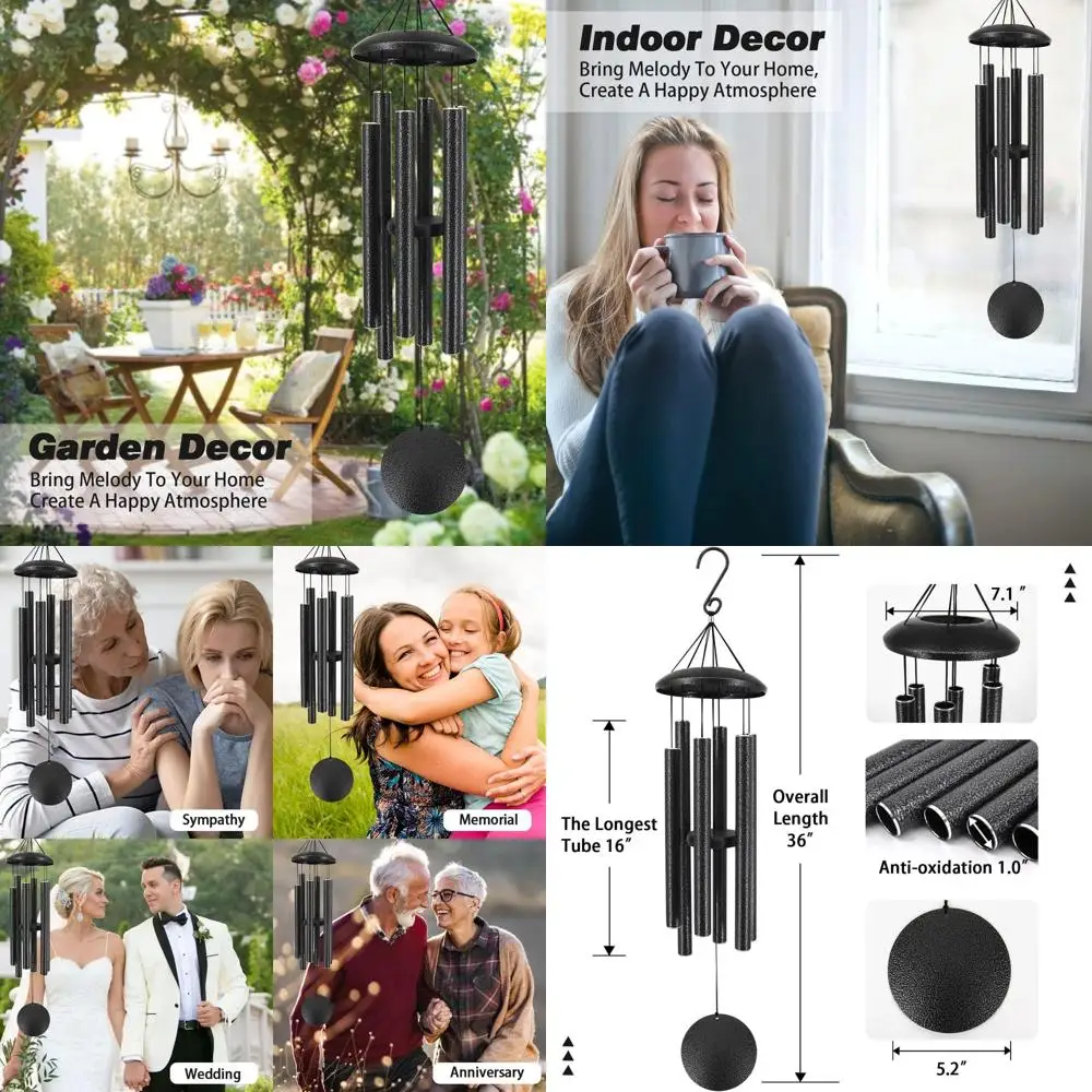 

36-дюймовые 6-трубные мемориальные колокольчики, глубокий тон, уличный садовый декор, черно-серый рождественский орнамент