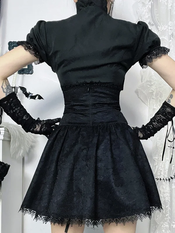Amerikaanse subcultuur gothic zoete hete meisjessets zwart kant shirts met korte mouwen hoge taille vetersluiting slanke rokken tweedelige set dames