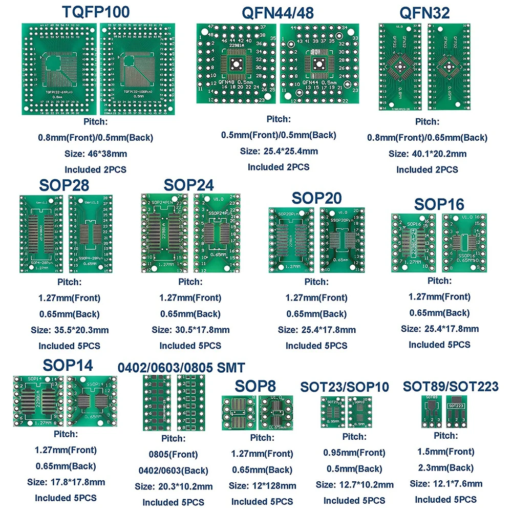 12 Types SMD to DIP Adapter PCB Proto Board Plate Converter SOP SOT 0402/0603/0805 TQFP QFN +  2.54mm Male 40 Pin Header