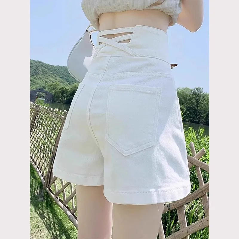 

Ultra High Waist Thin White Denim Shorts Women's Loose Slimming Button Design A-Line Hot Pants Summer Cotton Stretch Denim