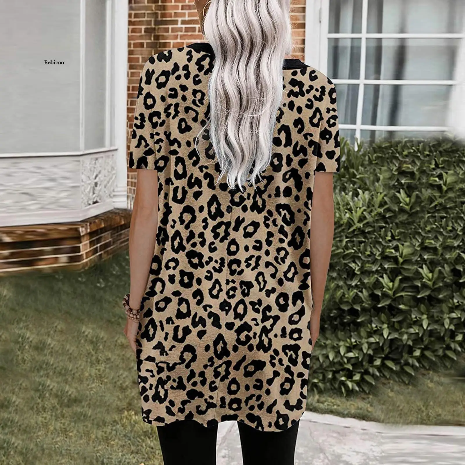 Damen Kleid Sommer Sexy Hot Leopard Print Camouflage Spleißen Tasche Casual Rundhals Kurzarm T-Shirt Kleid