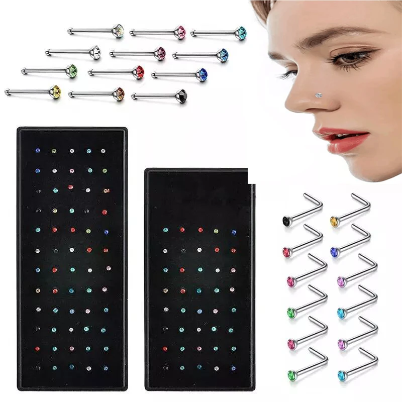 40/60 Piece/set Crystal Surgical Steel Stud Pack Piercing Straight Nose Ring Set Ear Bone Needle Studs Body Jewelry