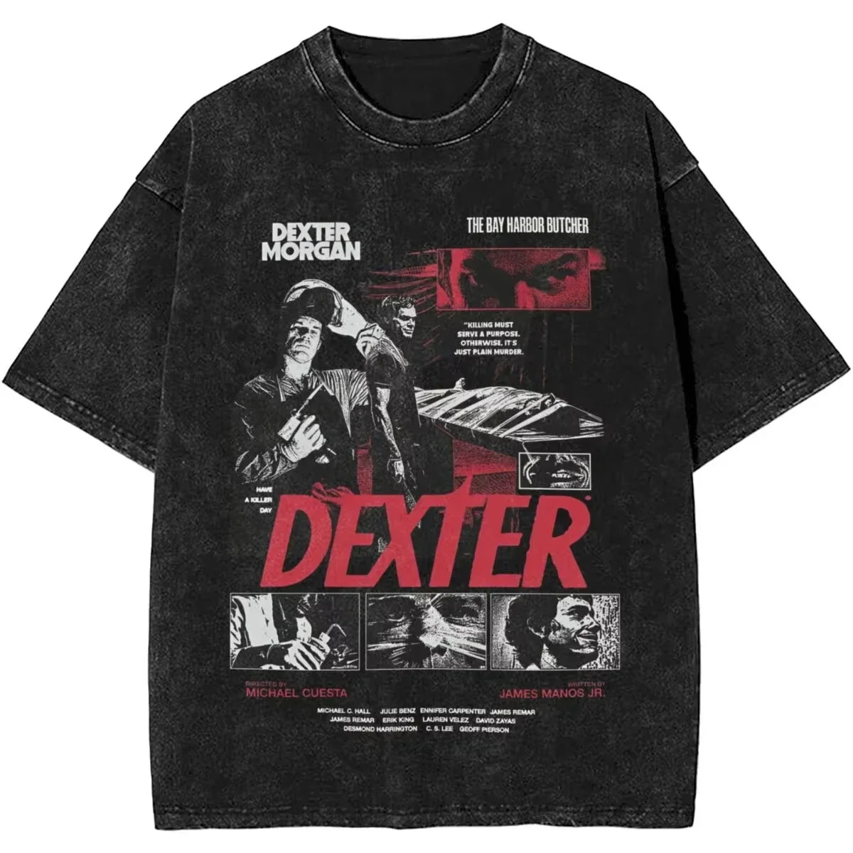 

New Dexter Morgan Edition Middle Finger Retro Trendy Vintage Washed T-Shirt Summer Y2K Tops Cotton Men Women Tees Short Sleeve