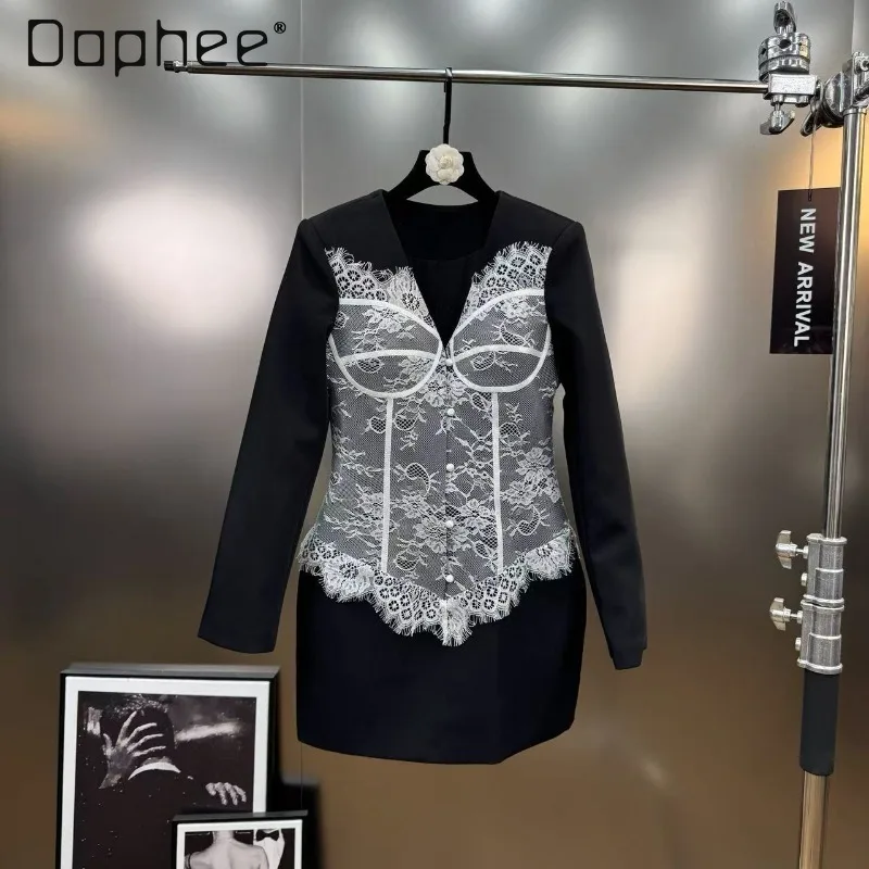 سترة أنيقة لخريف 2025 متعددة الاستخدامات مُزينة بالدانتيل مكونة من قطعتين وأكمام طويلة ورقبة على شكل حرف v سترة كورية أنيقة عصرية راقية