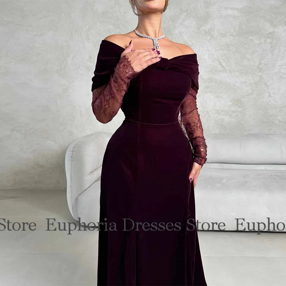 Vestidos modernos para ocasiones especiales, vestido de noche acampanado de terciopelo, vestidos de fiesta plisados de encaje con hombros descubiertos y burdeos para mujer largos