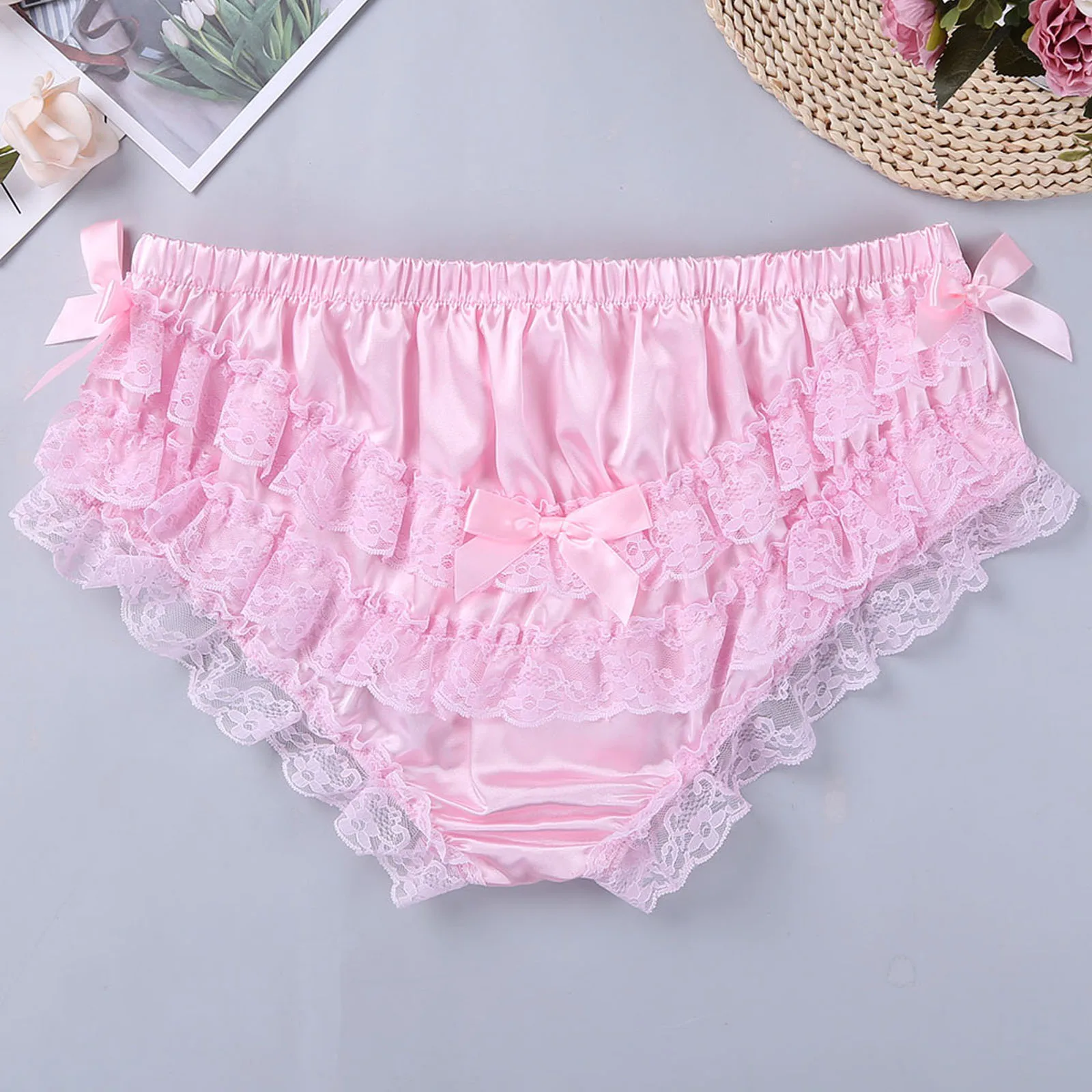 Mens Sissy Ruffled Lace Bikini Briefs Lingerie Shiny Satin Lolita Frilly Thong Underpants Underwear Gay Male Crossdress Panties