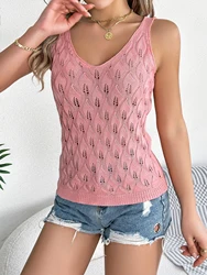 Spring Summer Casual Vest V-neck Hollow Out Leaf Sleeveless Knitted Top Women Tops