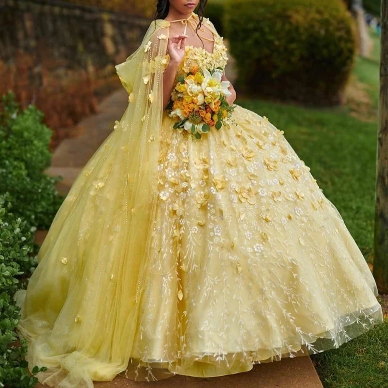 

Yellow Quinceanera Dresses Birthday Party Applique Crystal Sequine Shiny Tulle With Cape Evening Prom Dresses for Women Ball Gow