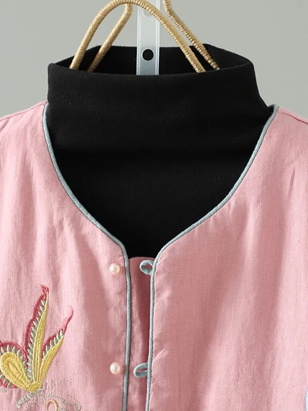 

Women's Linen Embroidered Vest Autumn Winter Regular Sle Cotton Added Outerwear Faionable Vintage Single Button Closure