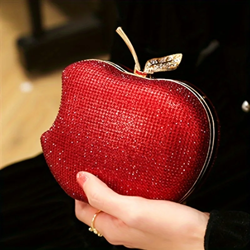 A Stylish Apple Shaped Dinner Clutch Bead And Rhinestone Decorations, Metal Chain, Monochrome Design, Kiss Button Closure,