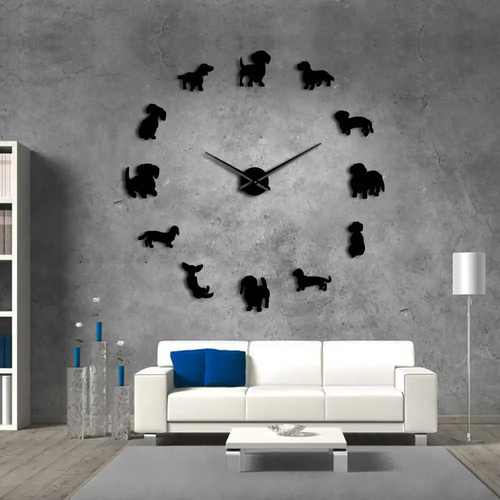 

Silent Acrylic Mirror Large Decorative Wall Clock Stickers Modern Design for Living Room Watch Black Horloge Hot Creative Dogs