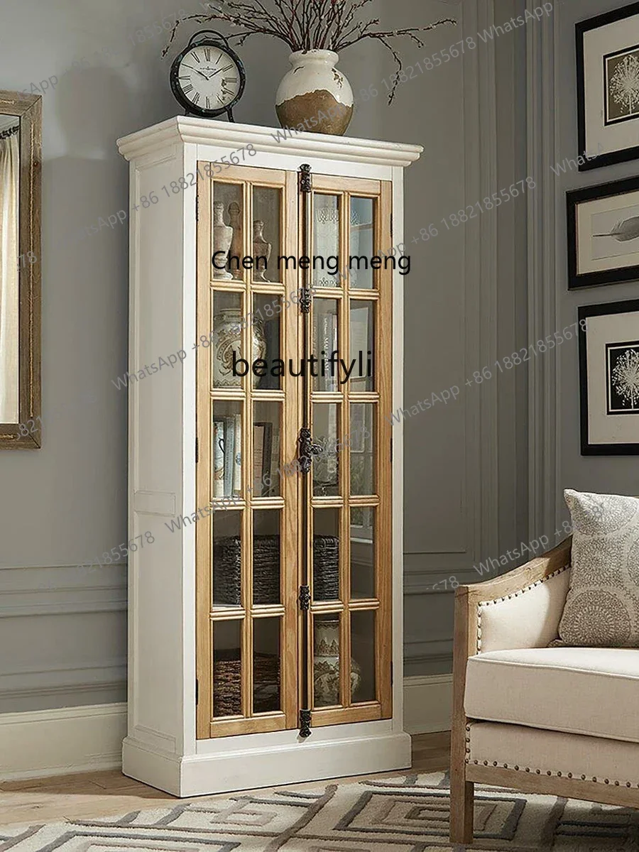 xzFrench Retro Bookcase American Solid Wood Side Cabinet Middle-Ancient Dining Edge Wood Color Wine Cabinet