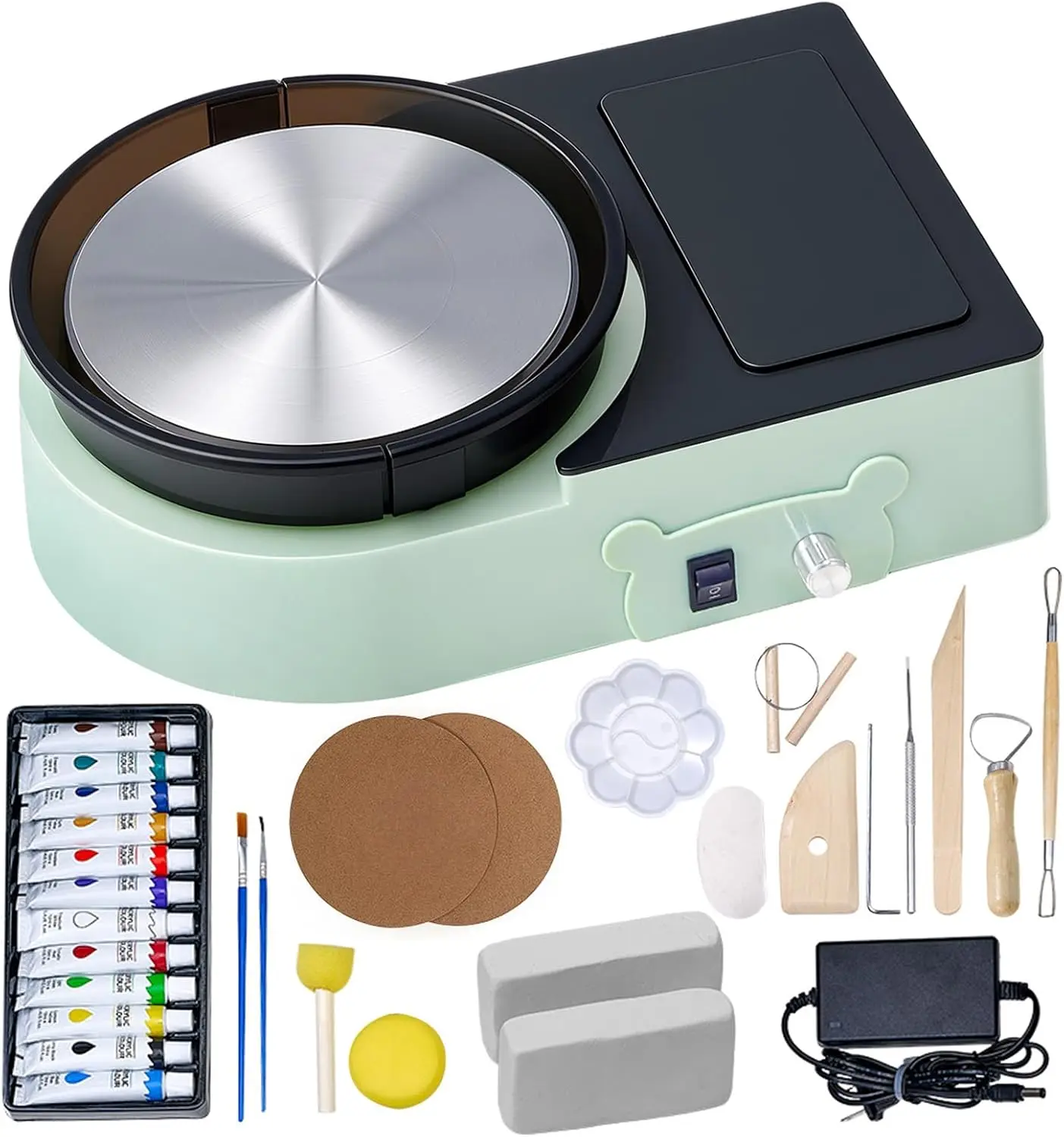 

Complete Pottery Wheel Kit with 6" Turntable, Clay, Tools, and Storage for Beginners, Green