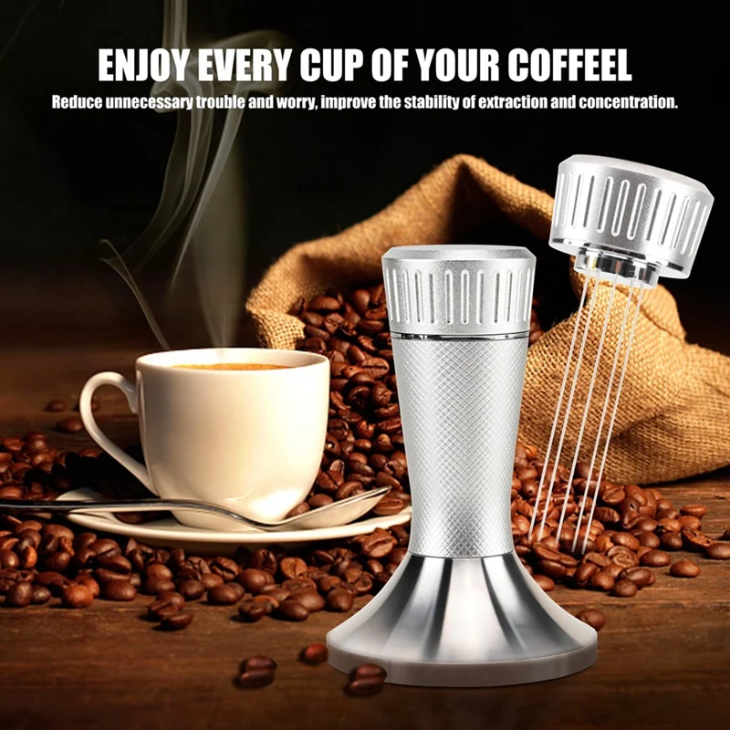 53.3Mm Espresso Tamper, 2-In-1 Premium Barista Coffee Tamper & WDT Tool, Stainless Steel Base Tamper Silver Durable Easy Install