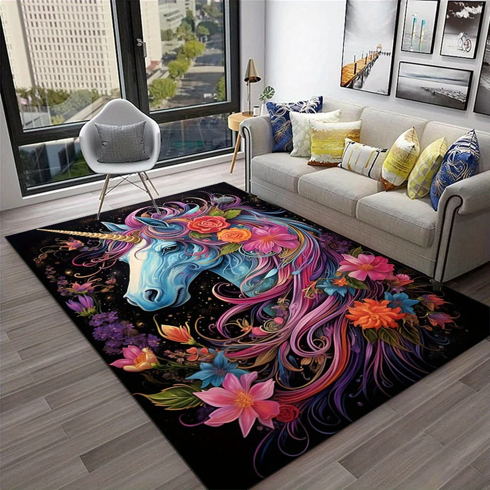 1pc Unicorn Anti-Fatigue Printed Area Rug, Crystal Velvet Non-Slip Doormat with Vibrant Floral Design, Perfect for Livin