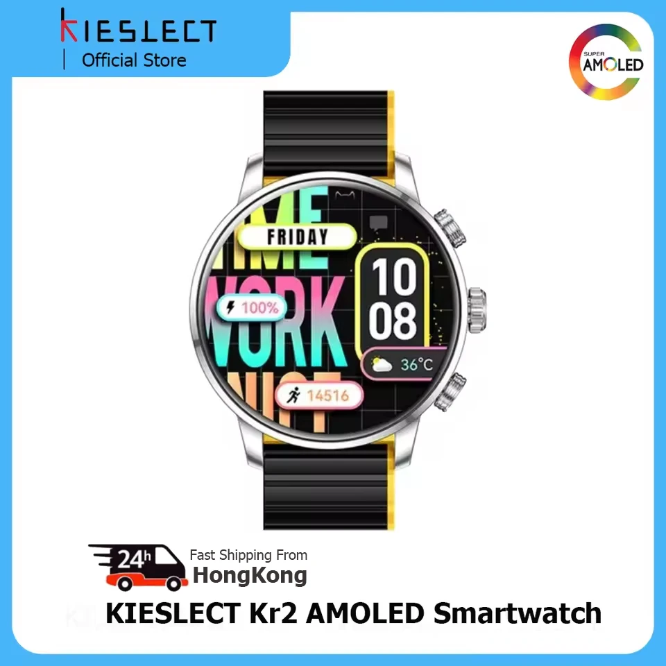 ساعة Kieslect Kr2 الذكية للاتصال بشاشة 1.43 بوصة FHD AMOLED مع AOD لجهاز Android iOS للتحكم عن بعد في الكاميرا ومتتبع اللياقة البدنية