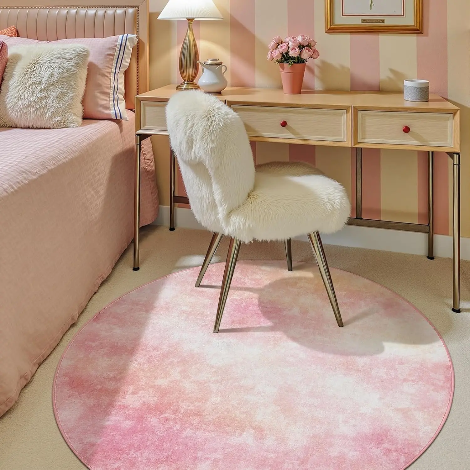 

Round Rug Dreamy Abstract Washable Cute Playroom Mat Non Slip Elegant Peachy Pink Circle Rug Soft Low-Pile Artistic Cloud Effect