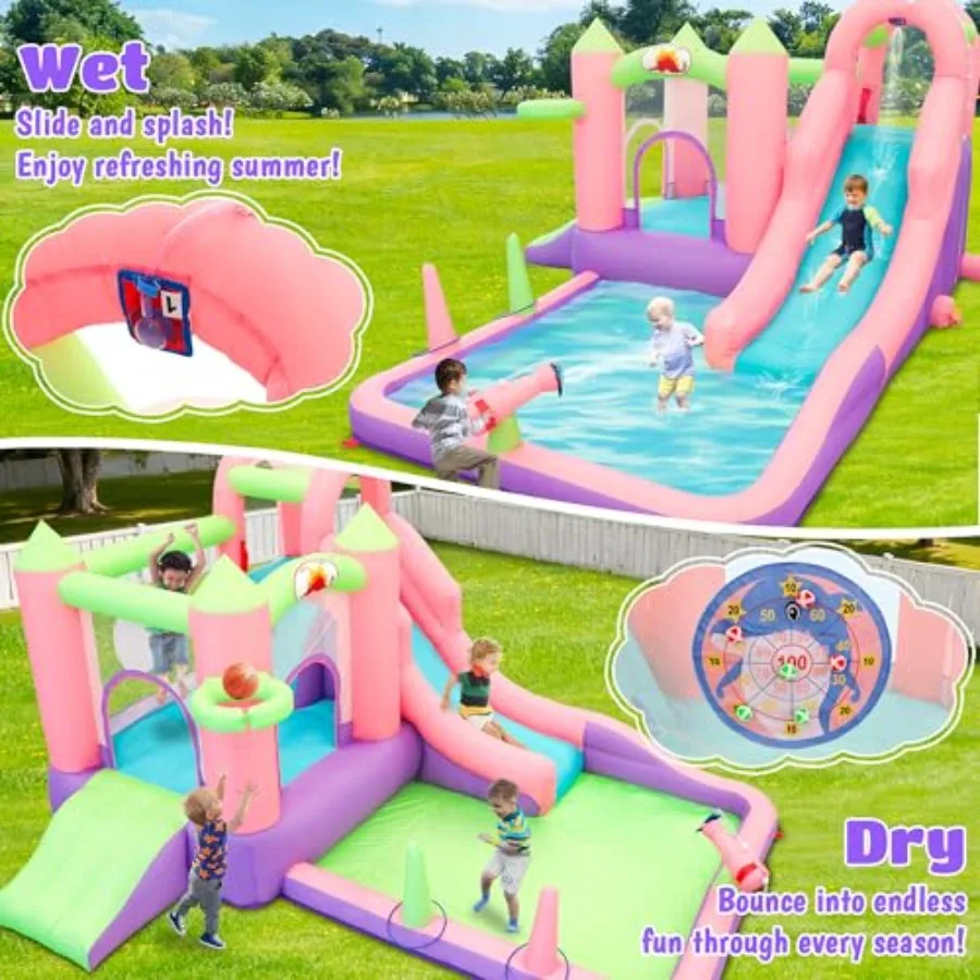 Backyard inflatable water slide and park with blower, 9-in-1 bouncy castle for kids 3-6: splashing pool, basketball hoop, water