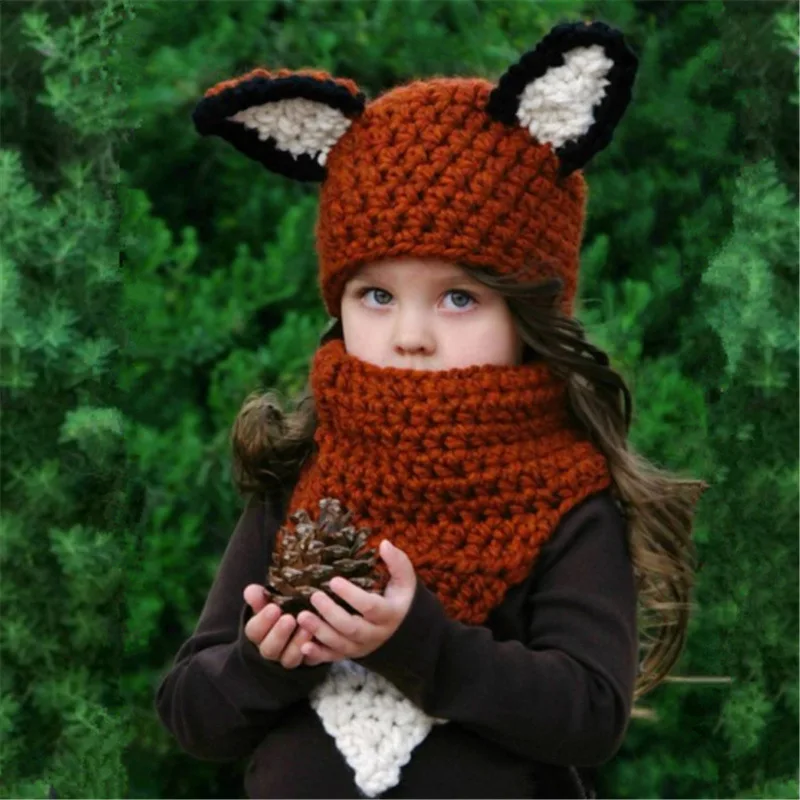 European and American Trends In Winter Squirrel Cartoon Childrens Handmade Wool Crochet Fox Scarf Hat Set