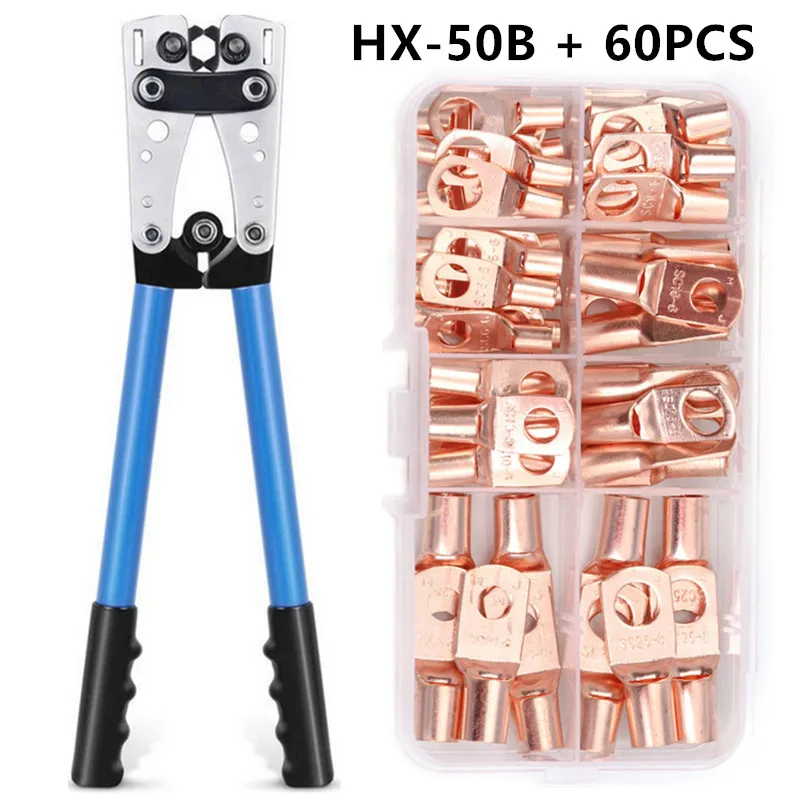 60PCS Car Auto Copper Ring Terminal Wire Crimp Connector Bare Cable Battery Terminals Soldered Connectors HX-50B Crimping Plier