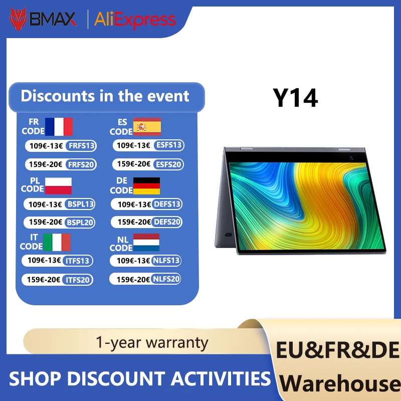 كمبيوتر محمول للأعمال BMAX Windows 11MaxBook Y14 بسعة 16 جيجابايت LPDDR5 512 جيجابايت SSD وشاشة 14 بوصة 360 درجة °   حافظة رفيعة للغاية قابلة للتحويل