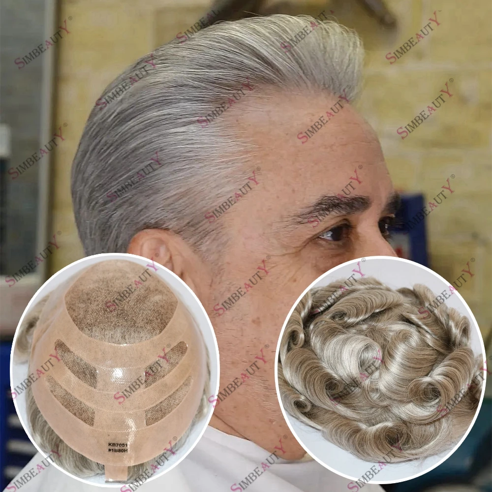 

Breathable Bond Mono Lace Top 100% Human Hair PU Natural Hairline Old Men Wig Hair Prosthesis Long Lasting Men's Toupee System