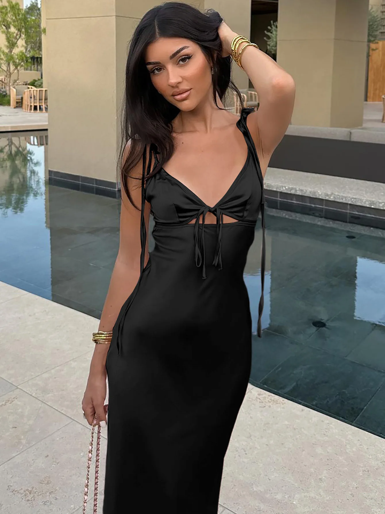 Bal Lace up Spaghetti Straps Cut out mid Dr High Waist Svel Long Skirt V-Ne Summer Commute Sle Women Dr