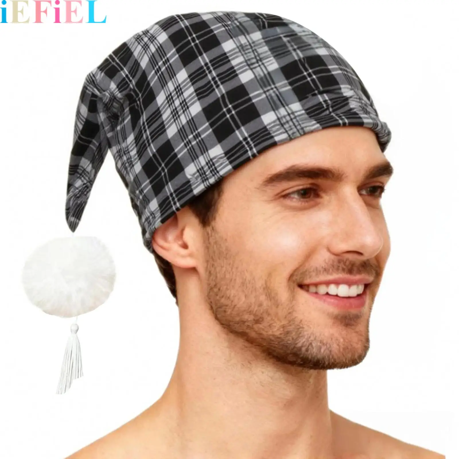 

Men Plaid Hat Adjustable Sleeping Night Stocking Cap Hat with Pom Ball And Tassel for Christmas Daily Nightwear Sleepwear
