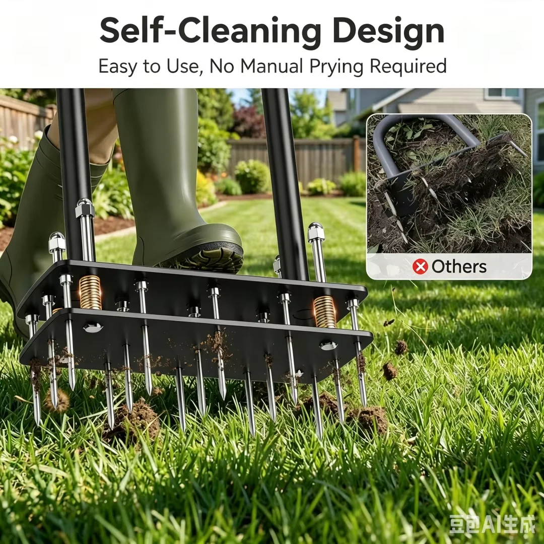Knee-Friendly Lawn Aerator Tool, Spring Loaded Self-Cleaning Spike Aerator