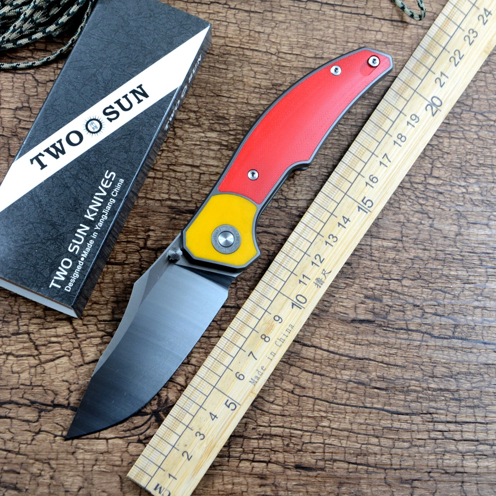 

TWO SUN D2 Blade Folding Knife Ceramic Ball Bearing Washer Red G10 Titanium Handle Outdoor Camping Hunting Pocket Knife TS416