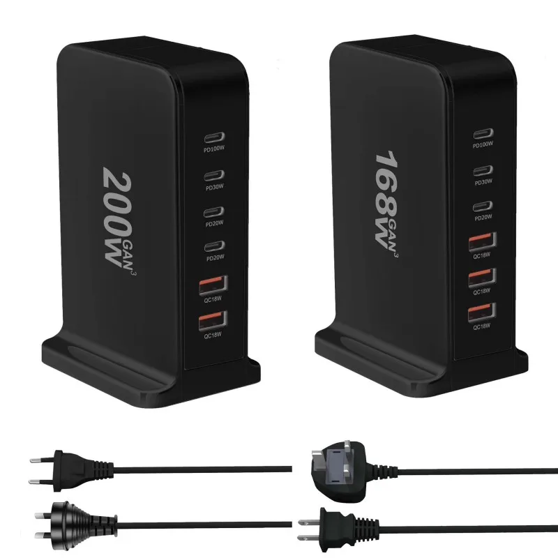 200W 168W Desktop GaN Quick PD Charger 6 Ports USB Type C USA EU AUS UK Plug Adapter Mobile Phone Laptop PC Charging Dock Stand