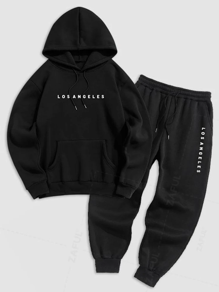 ZAFUL Men's Letter Pattern Fuzzy Fleece-lined Kangaroo Pocket Design Pullover Hoodie And Drawstring Jogger Sweatpants Set