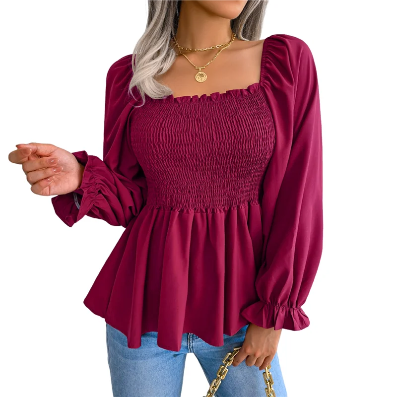 

CYL-женская блузка с квадратным вырезом и длинными рукавами, с рюшами и подолом, с баской, рубашка-рубашка, топ