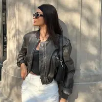 2025 Chaqueta holgada de cuero lavada para mujer, abrigo corto Vintage con cuello levantado y cremallera degradada, abrigo elegante de estilo locomotor para primavera para mujer