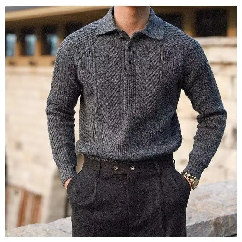 Fashion Textured Knitted Sweaters Men's Polo Shirts Long Sleeves Turn Down Collar Jumper Tops Spring Autumn Winter Men Clothing