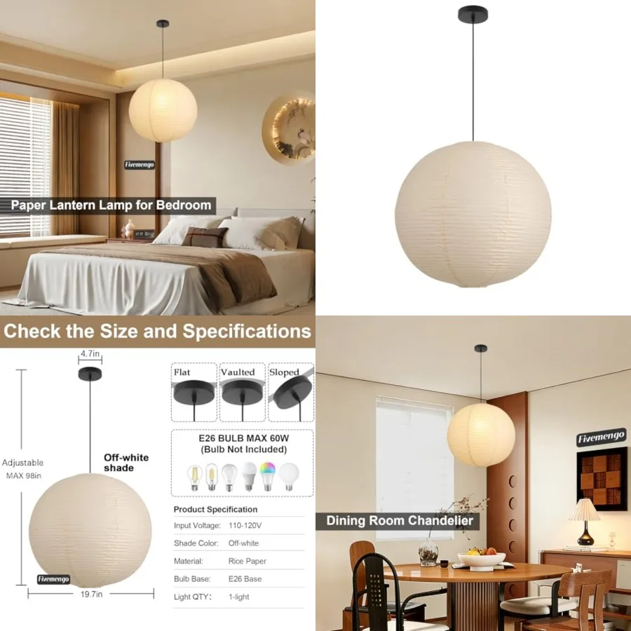 

Large Paper Pendant Light with Cord and Canopy, 20in Off- Rice Paper Hanging Lamp, Japanese Japandi Wabi Sabi Lantern Lamp Chan
