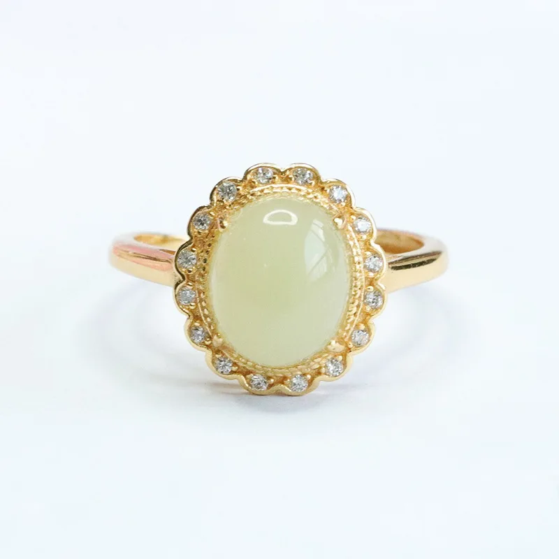 

S925 silver inlaid natural Hetian jade ring clear water petal ring jade