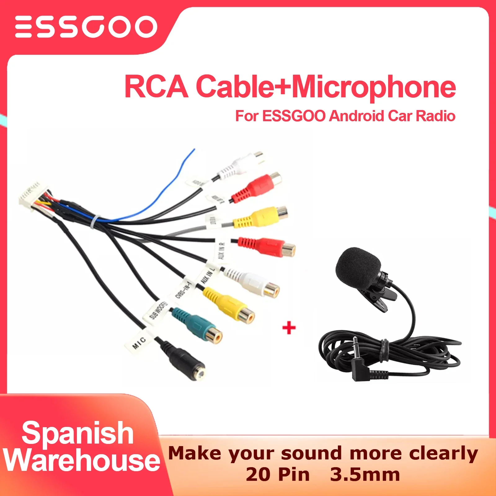 ESSGOO Car Radio 3.5mm Microphone Subwoofer Wires Mic 20 Pin RCA Cable For Android Stereo Output Subwoofer Kit