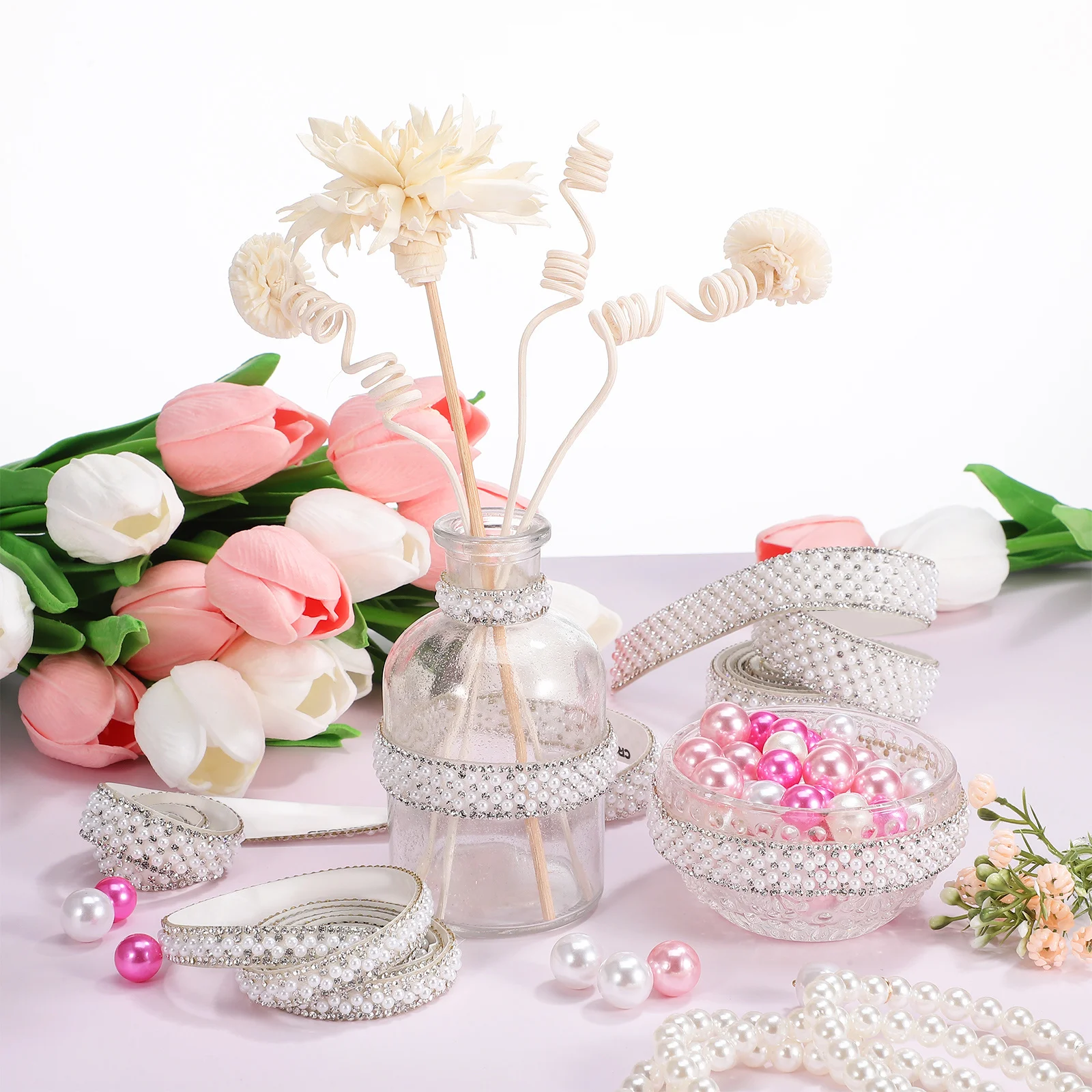 

3Pcs Pearl Rhinestone Tape Adhesive Rhinestone Ribbon Strips Decorative Trim for Crafting Wedding Dress Accessories